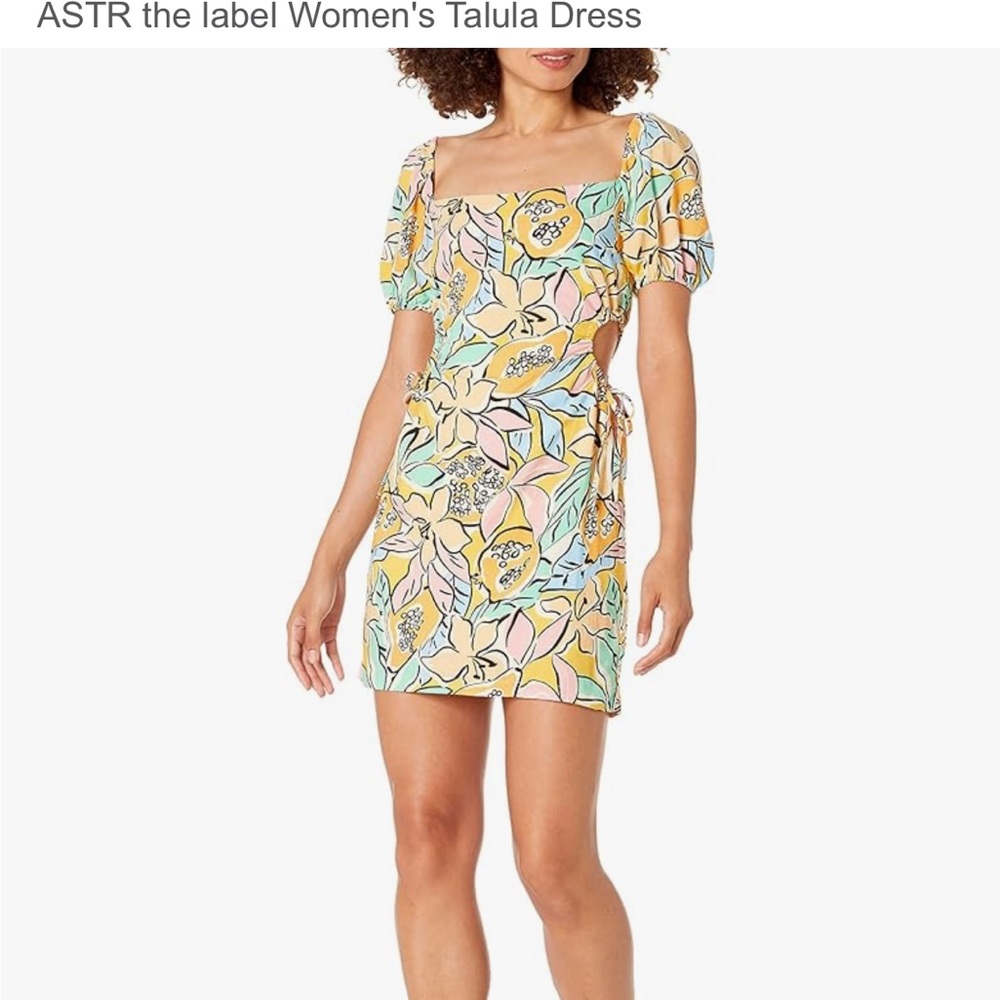 Astr the Label Talula Pastel Floral Square-Neck Mini Dress Puff Sleeve Papaya L